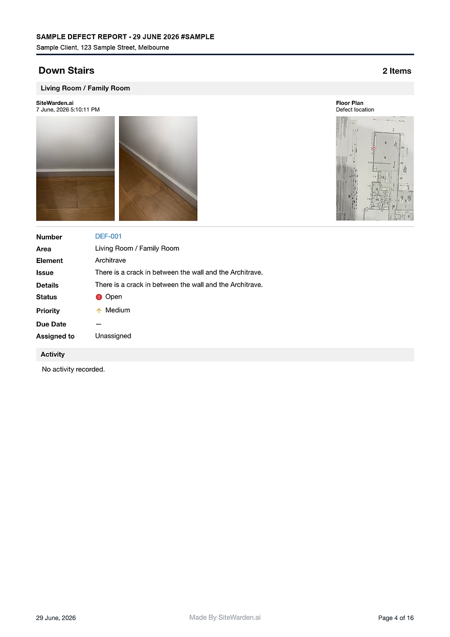 A page from a real SiteWarden handover report: defect photos, floor-plan location, trade, priority, and status