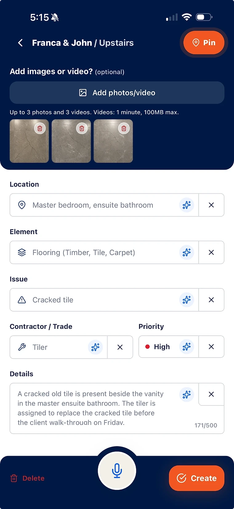 SiteWarden field app capture screen: three site photos attached, with location, element, issue, trade, and priority prepared by AI from a voice note