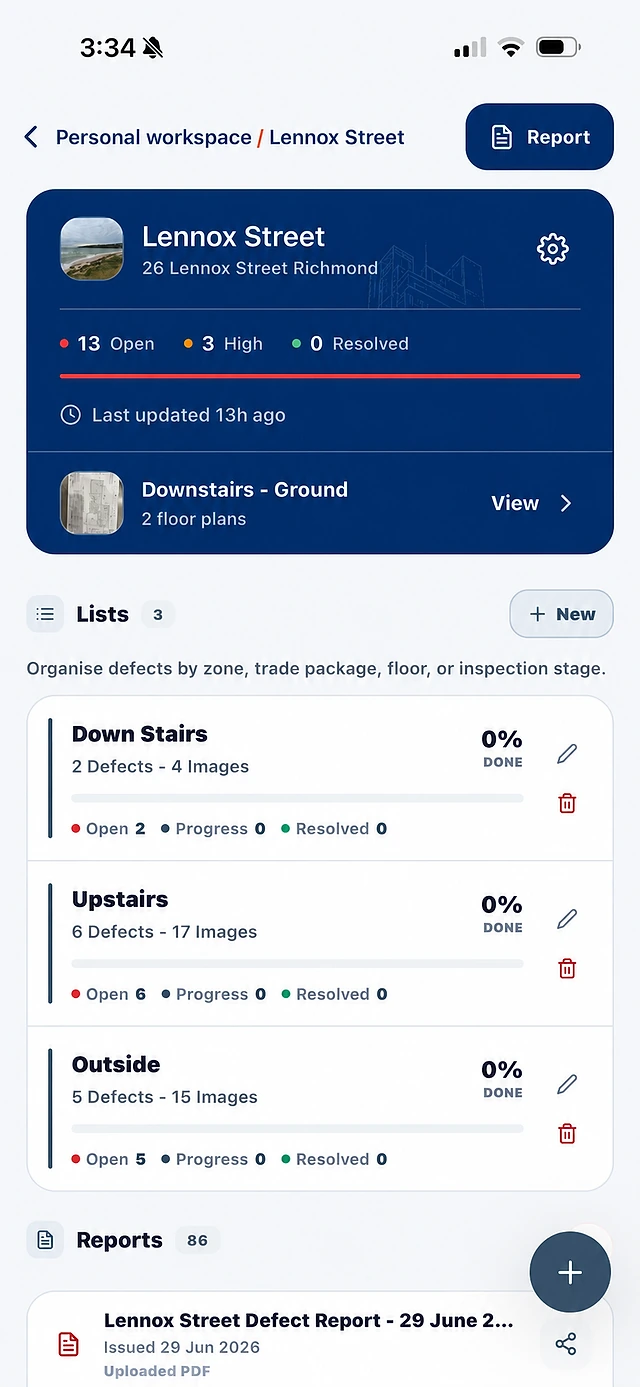 SiteWarden project overview: open and high-priority counts, floor plans, defect lists with progress, and generated reports